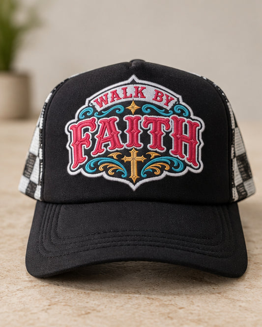 Walk By Faith black foam trucker hat with red Western lettering turquoise scrollwork and black white checked mesh