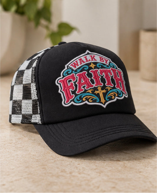 Three-quarter view black Walk By Faith cap with black and white checkerboard mesh