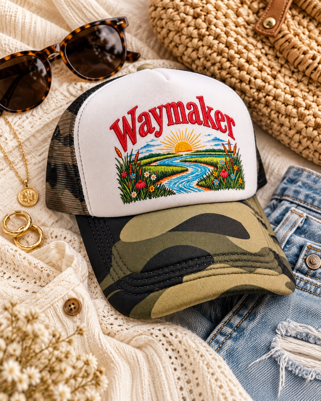 Waymaker white and olive woodland camouflage mesh-back trucker hat styled with sweater and denim